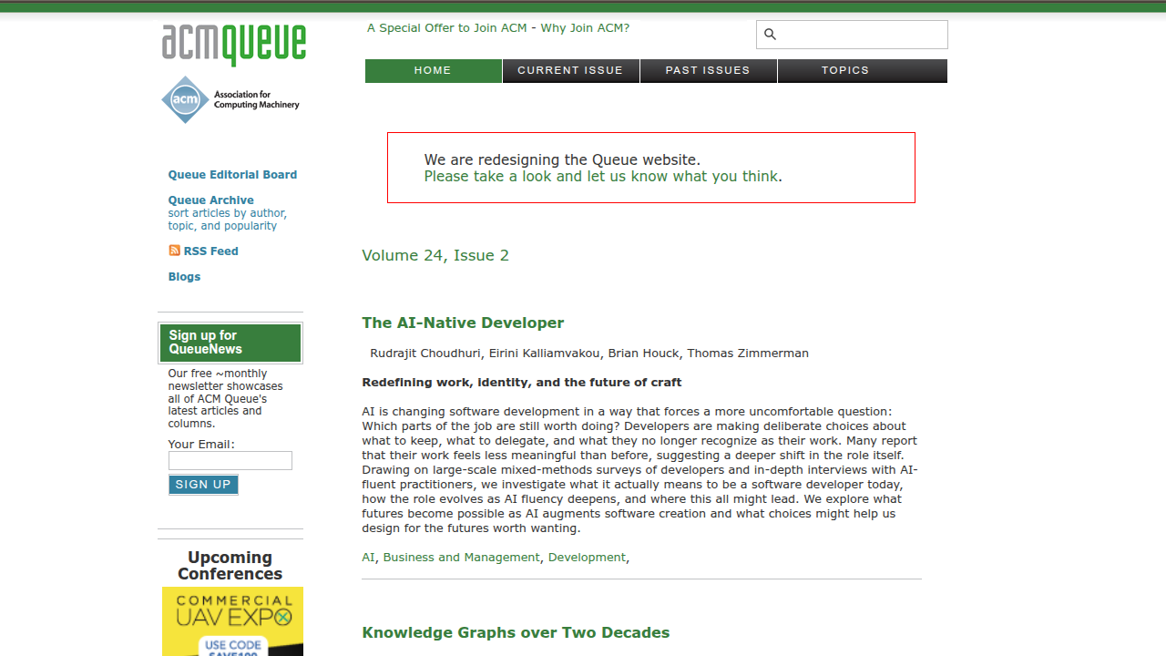 Screenshot of the ACM Queue website, a resource for articles by practicing engineers on production systems.