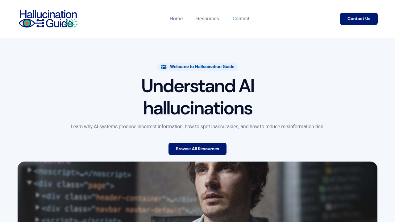 Screenshot of the homepage for 'Designing Data Intensive Applications', a guide offering methods for verifying AI outputs.