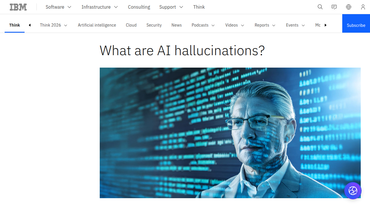 Screenshot of IBM's AI topics or AI hallucinations page cited for technical context.