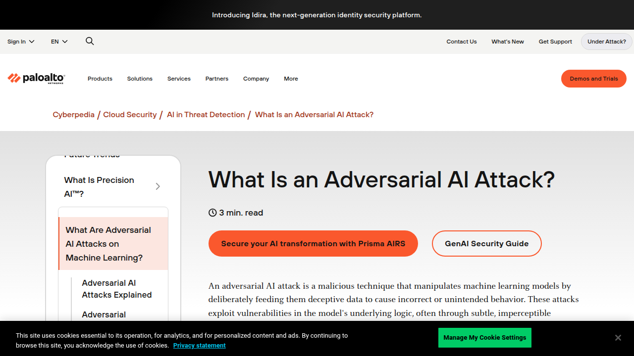Screenshot of Palo Alto Networks resources on adversarial attacks used as background reference.