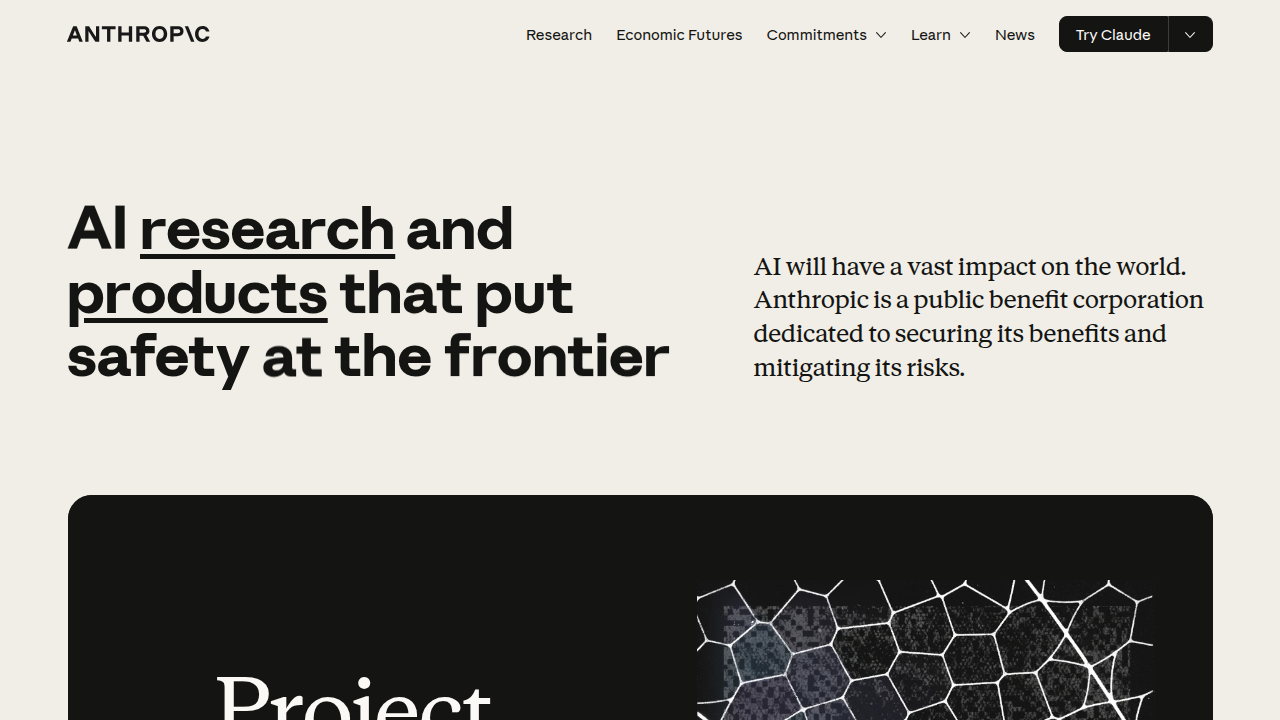 The official Anthropic website, highlighting their focus on developing reliable and steerable AI systems like Claude.