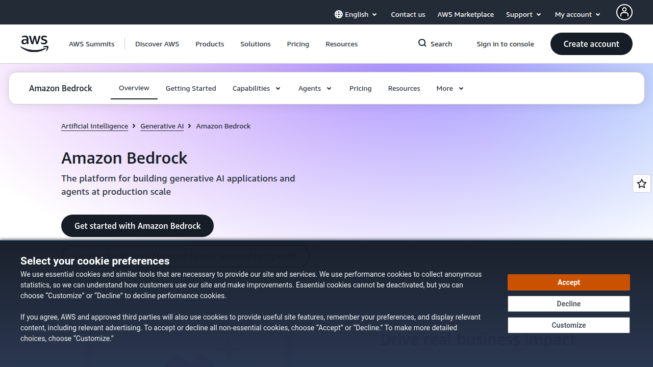 The Amazon Bedrock service page, showcasing how AWS hosts foundation models including Anthropic's Claude for enterprise use.