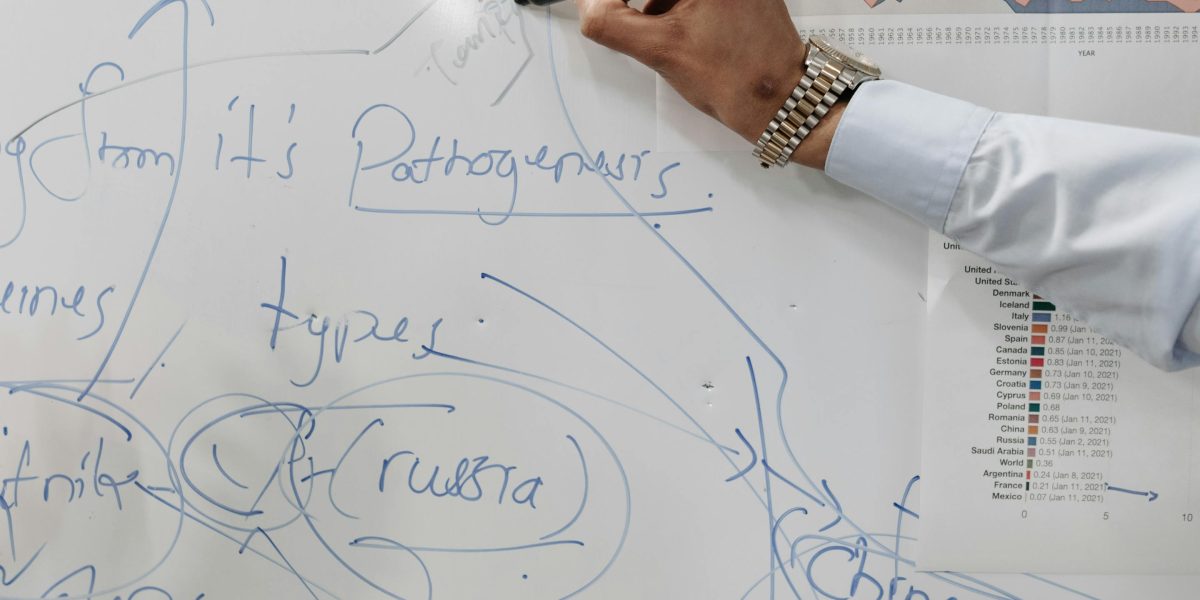 A professional presenting ideas or a workflow diagram on a whiteboard, symbolizing the process of building and refining reliable annotation workflows using community insights.