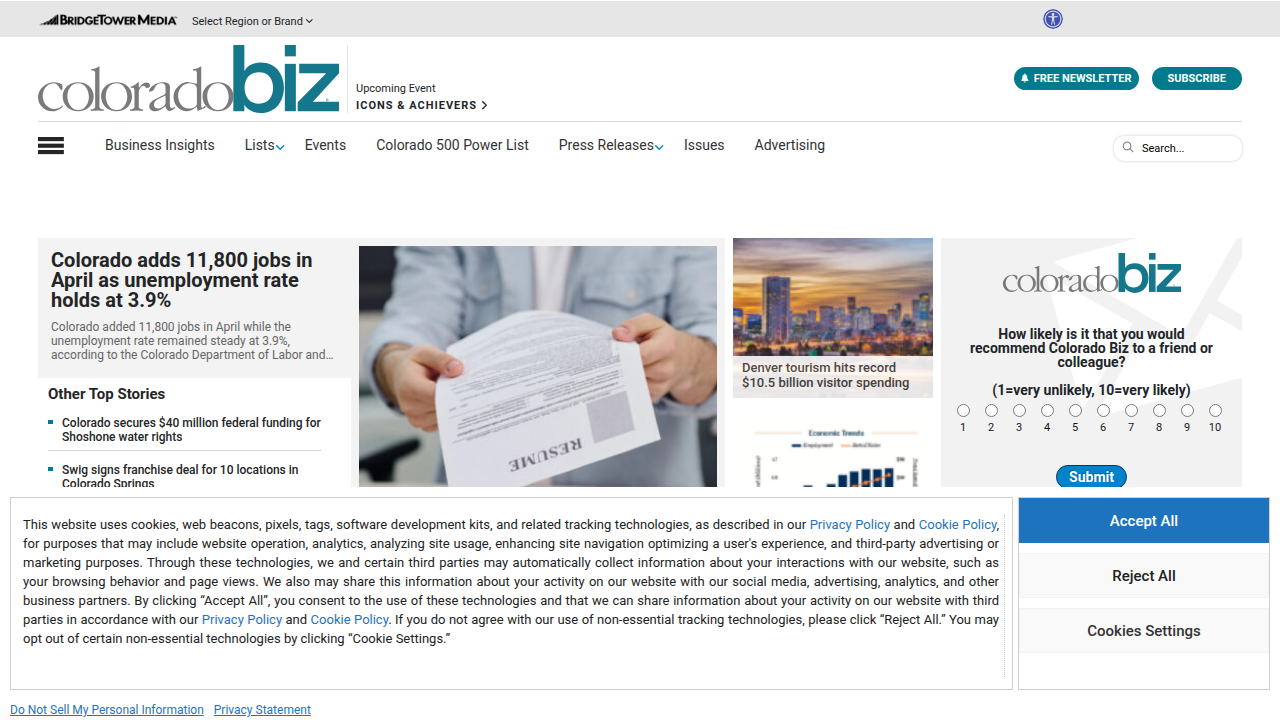 A screenshot of ColoradoBiz.com, a source for small business news and insights referenced in the article.