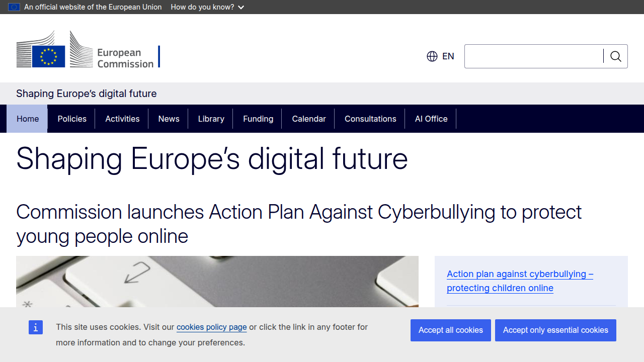A screenshot of the European Commission's Digital Strategy website, providing official information on the EU AI Act.