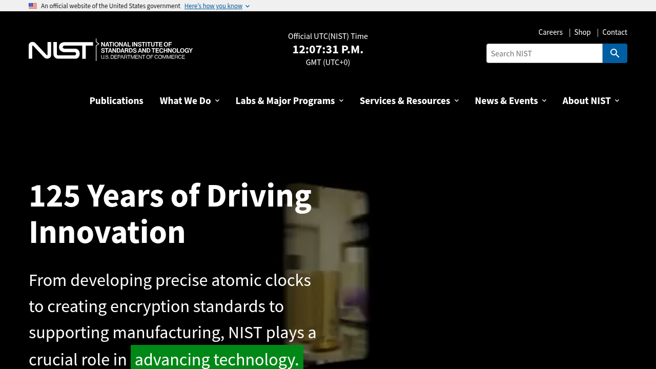 Screenshot of the official NIST website, an authoritative source for cybersecurity guidelines.