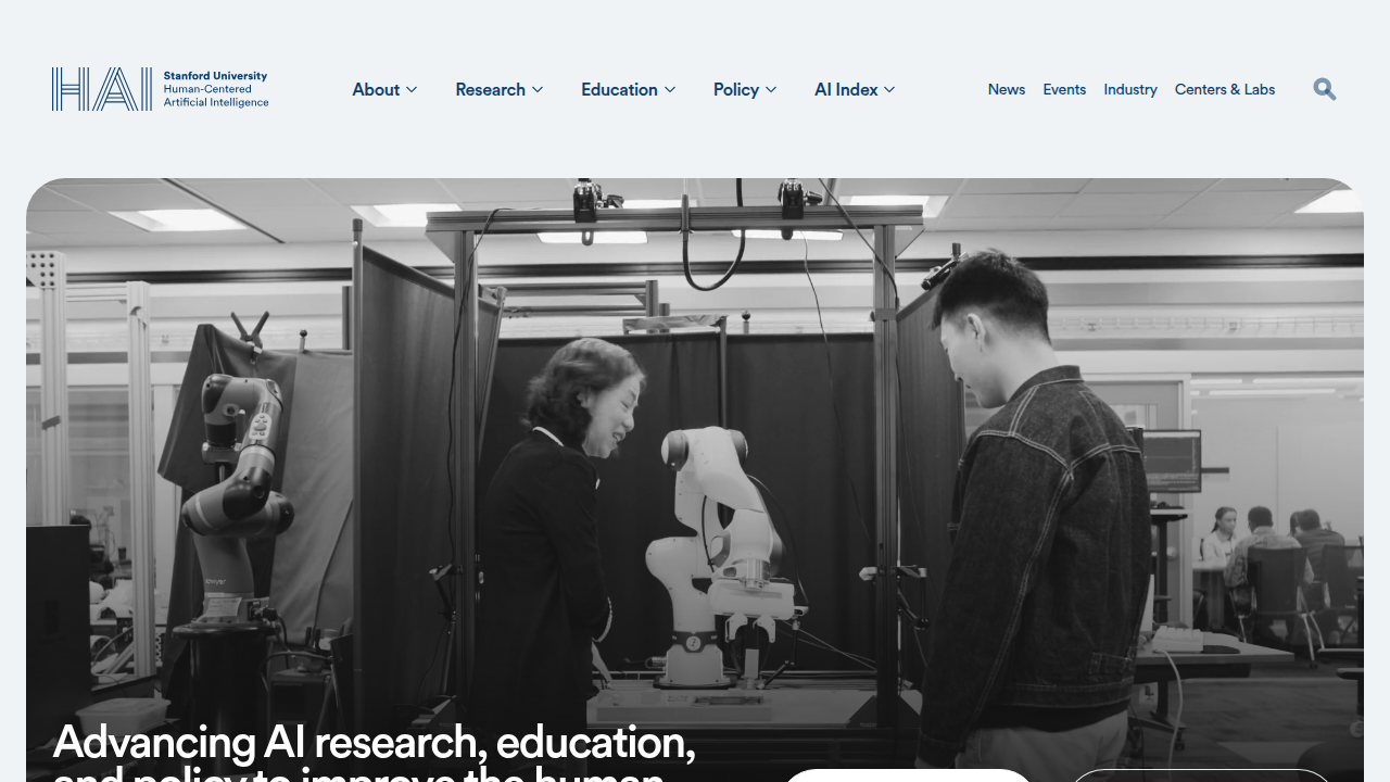 Screenshot of the Stanford HAI website, highlighting their AI Index Report on responsible AI.