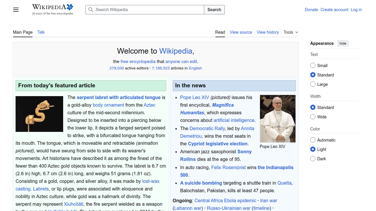 Screenshot of the Wikipedia homepage, a foundational resource for definitions and general knowledge.
