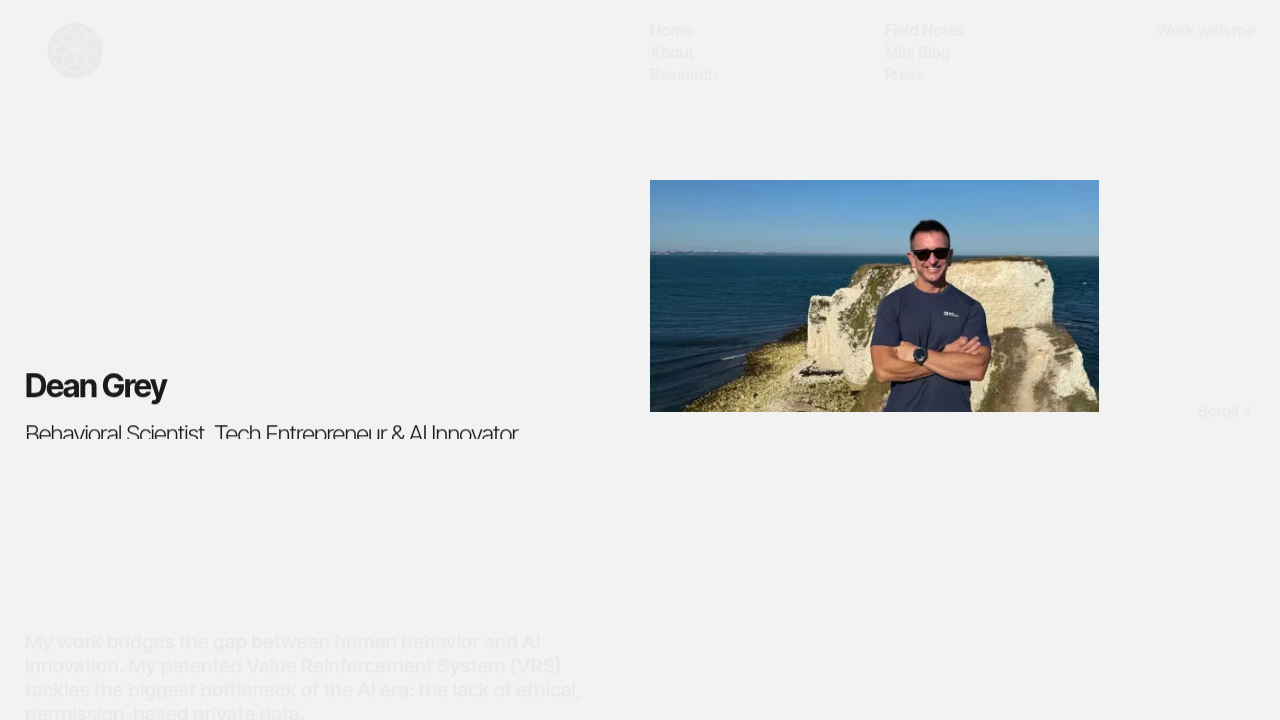 Screenshot of Dean Grey's website, promoting critical thinking about AI outputs.