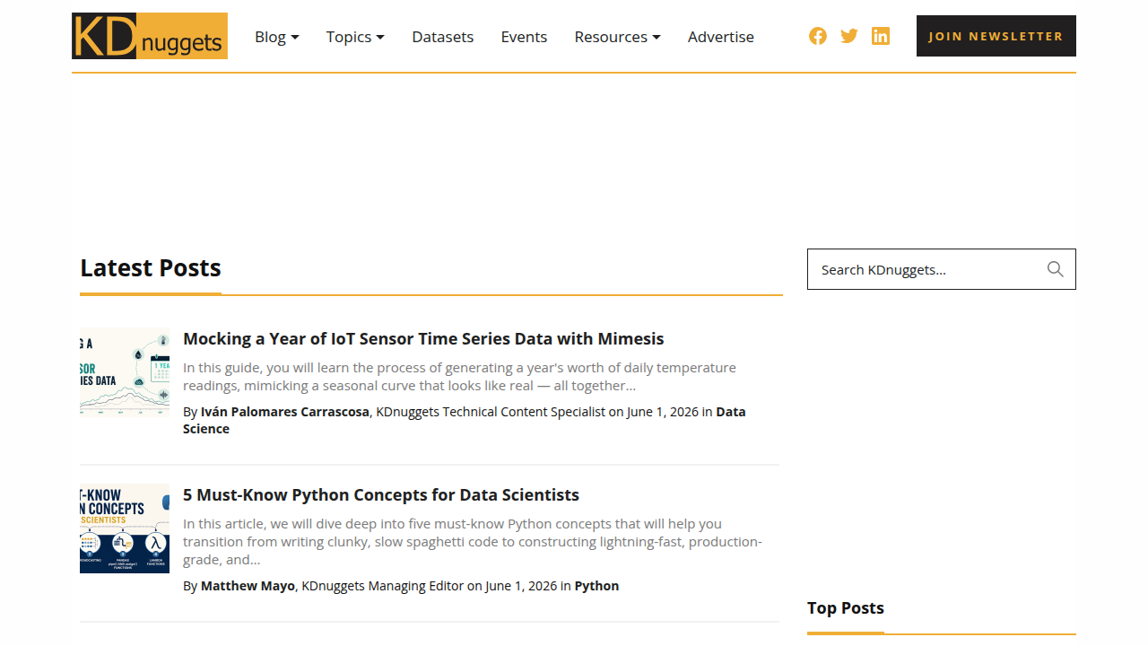 Screenshot of the KDnuggets website, a popular resource for data science learning.