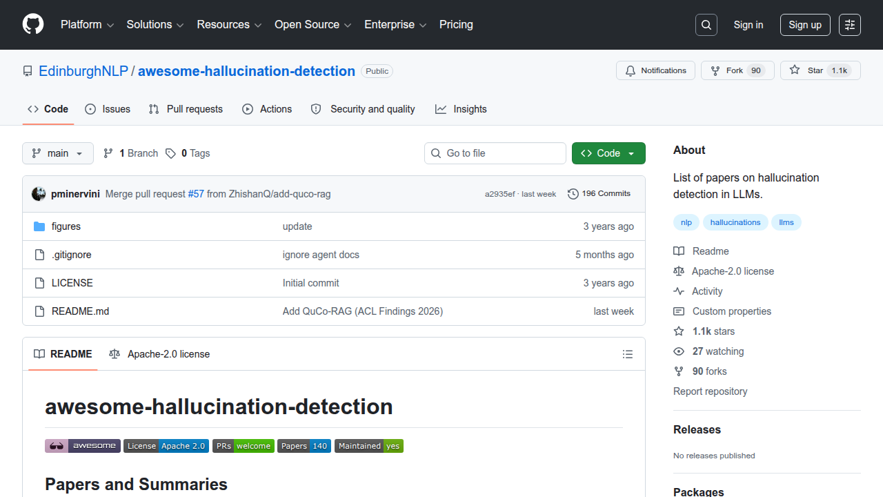 Screenshot of the EdinburghNLP GitHub repository for AI hallucination detection, a valuable open-source resource.