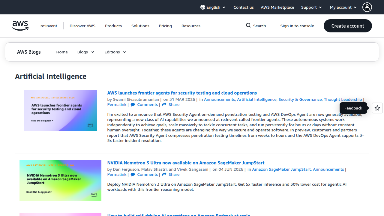 The homepage of the AWS Machine Learning Blog, a resource for guides on detecting hallucinations in RAG-based systems.