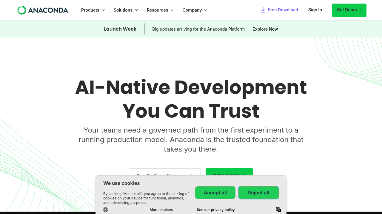 Screenshot of the Anaconda website, a popular platform for Python data science, illustrating the tools available for automating descriptive checks.