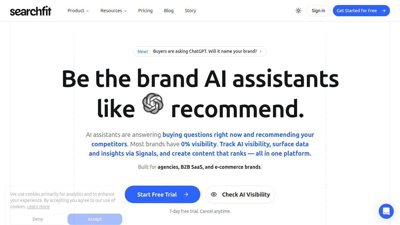 Homepage of SearchFit AI, a platform for AI insights and benchmarks.