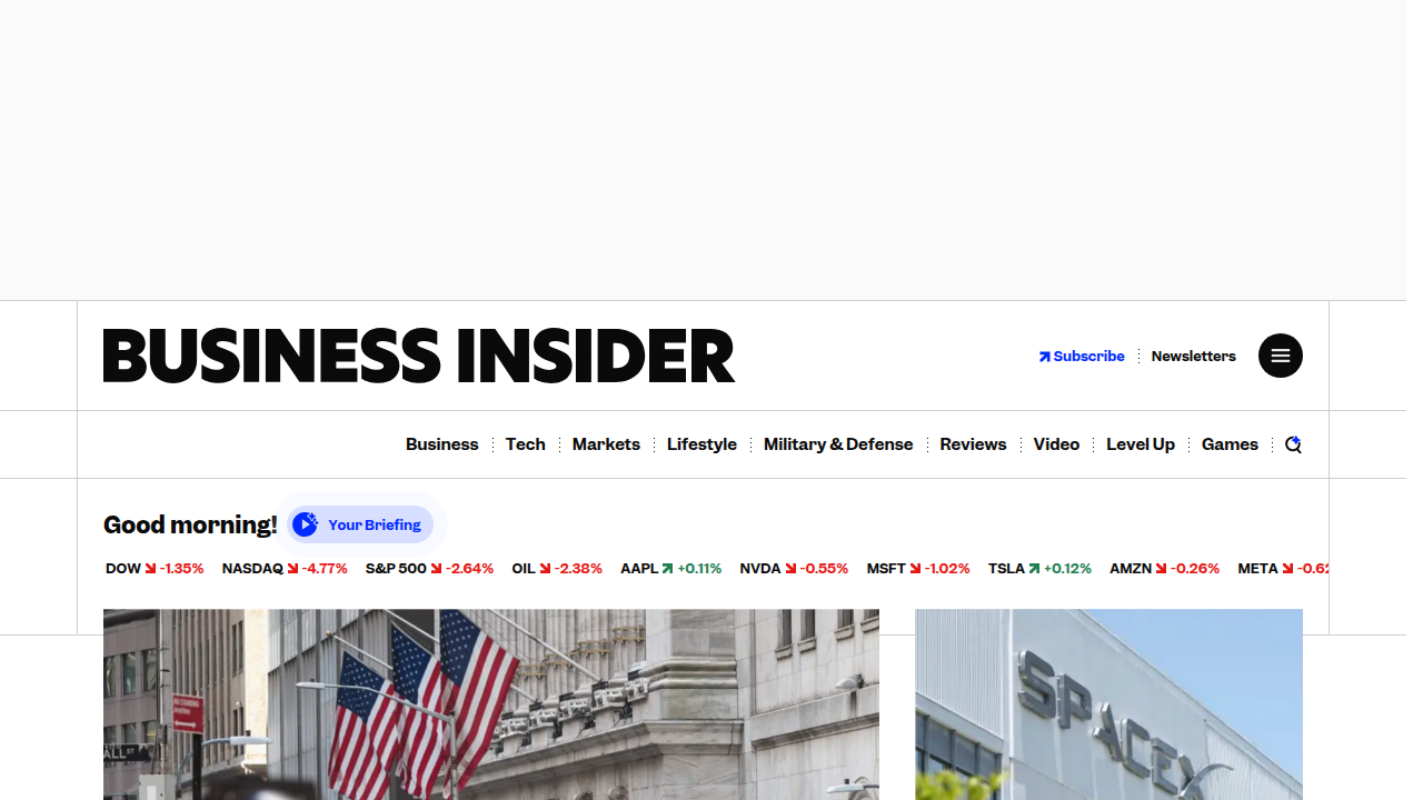 Homepage of Business Insider, a financial and business news website.