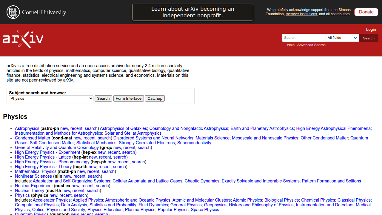 Homepage of arXiv, a prominent open-access archive for scientific papers, including AI research.