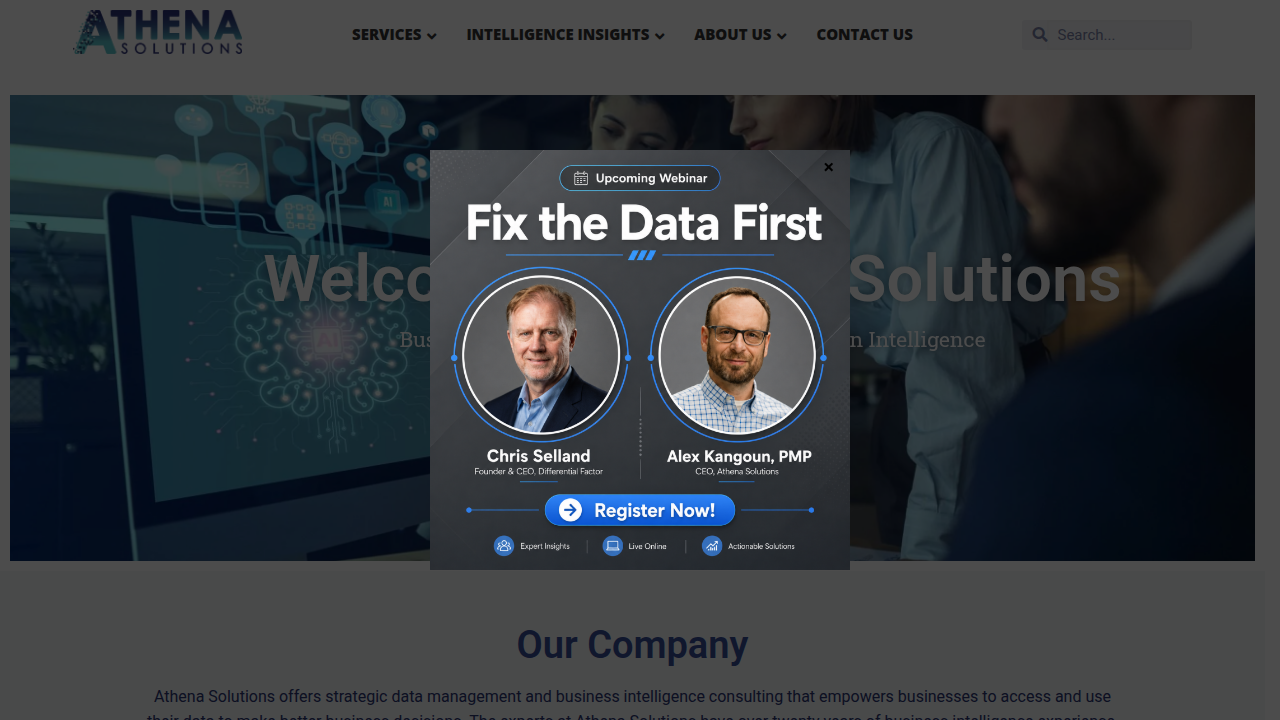 Homepage of Athena Solutions, focusing on AI governance and responsible AI strategies.