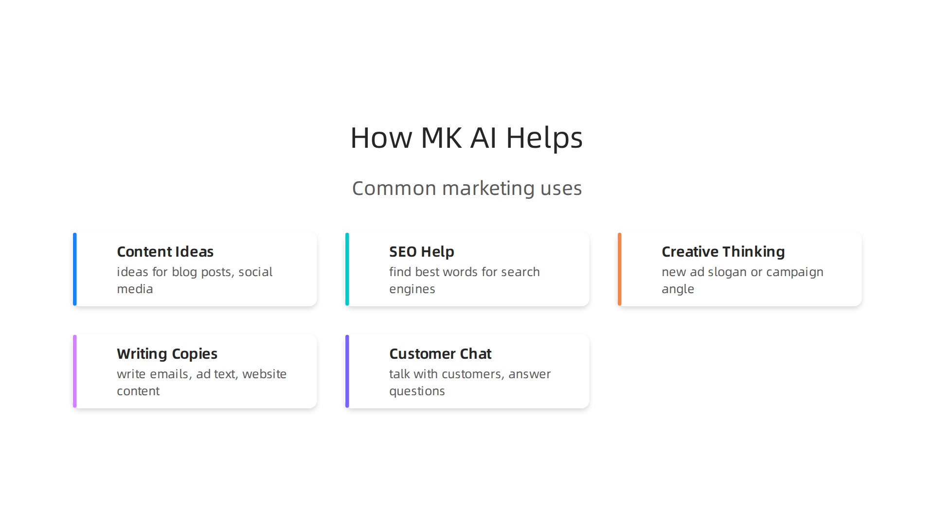 MK AI tools streamline various marketing tasks, from content generation to customer interaction.