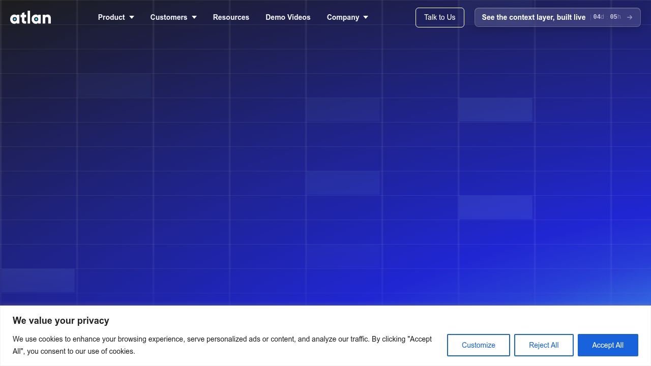 Atlan homepage, a platform offering data observability tools to monitor data pipelines for AI quality.