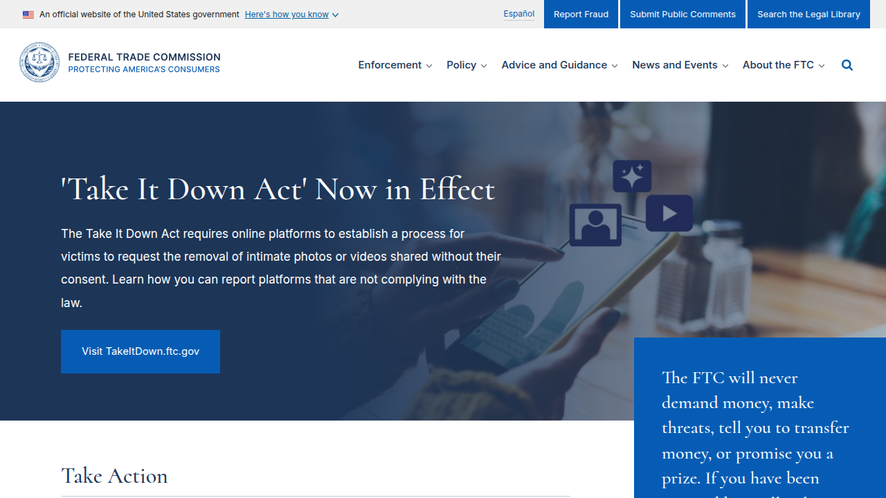 The homepage of the Federal Trade Commission (FTC), a U.S. government agency protecting consumers.