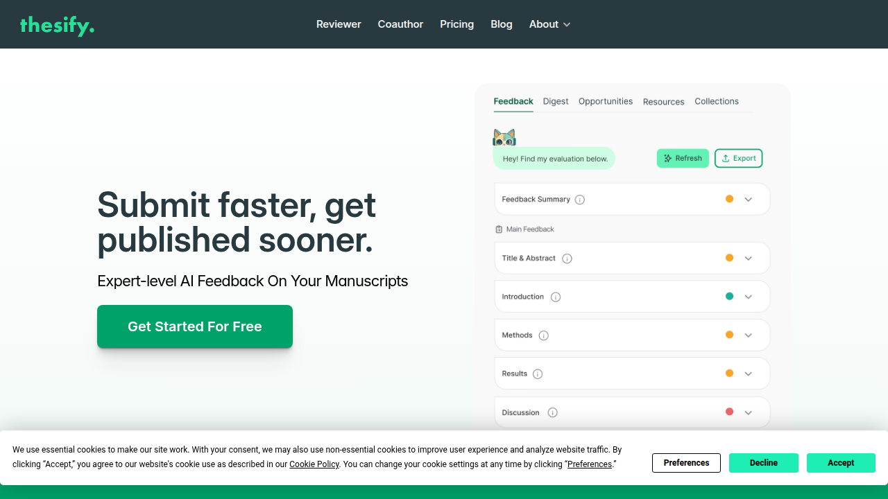 Screenshot of Thesify AI website, a resource for AI tools to improve academic writing and policies.