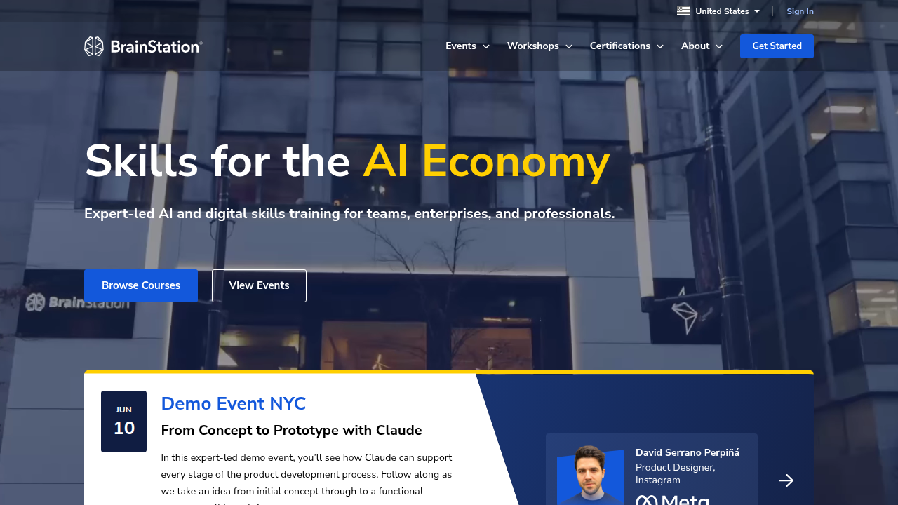 A screenshot of the BrainStation homepage, featuring career guides and educational content for tech and data science.