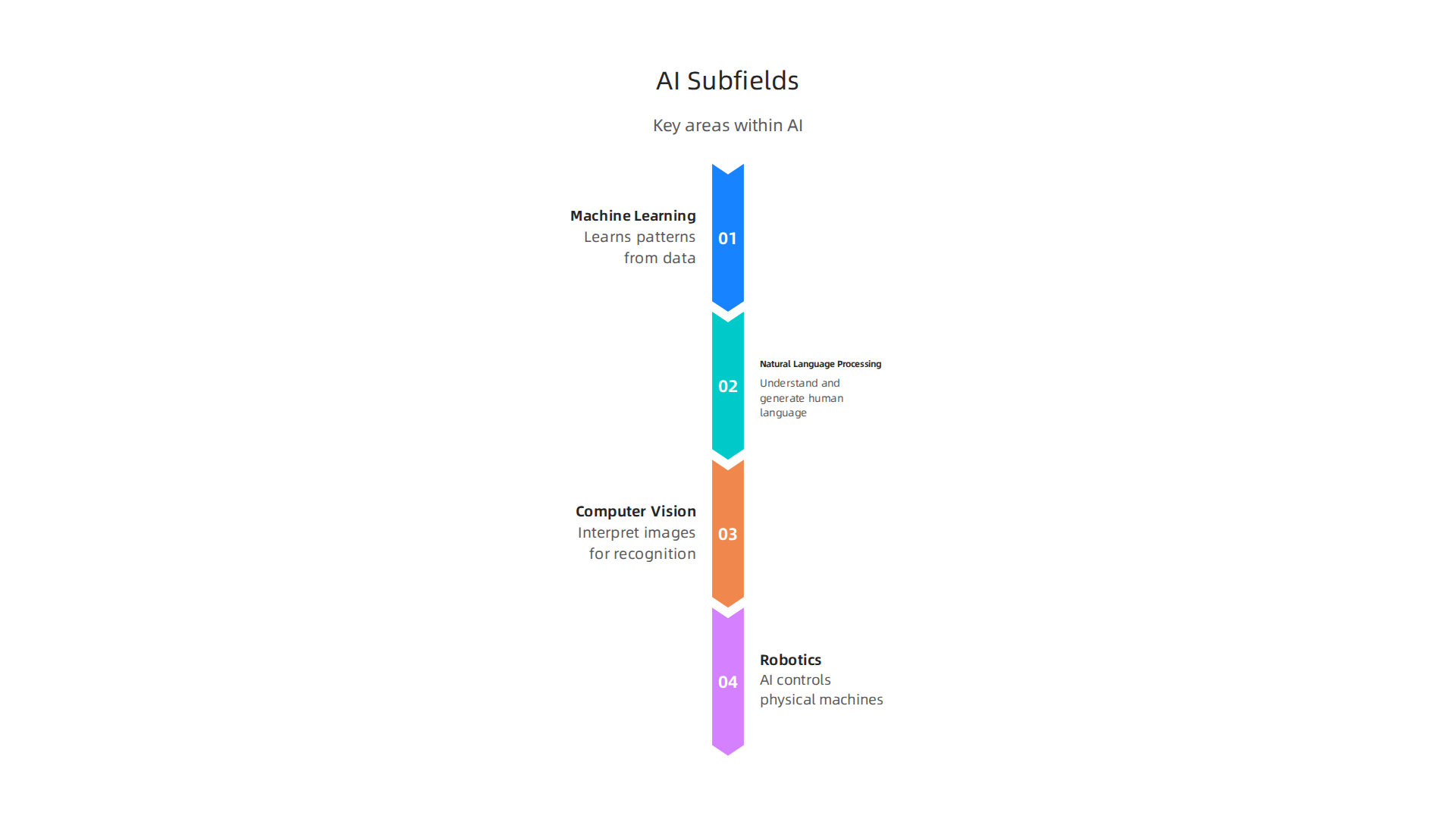 Key areas within AI, including Machine Learning, NLP, Computer Vision, and Robotics.