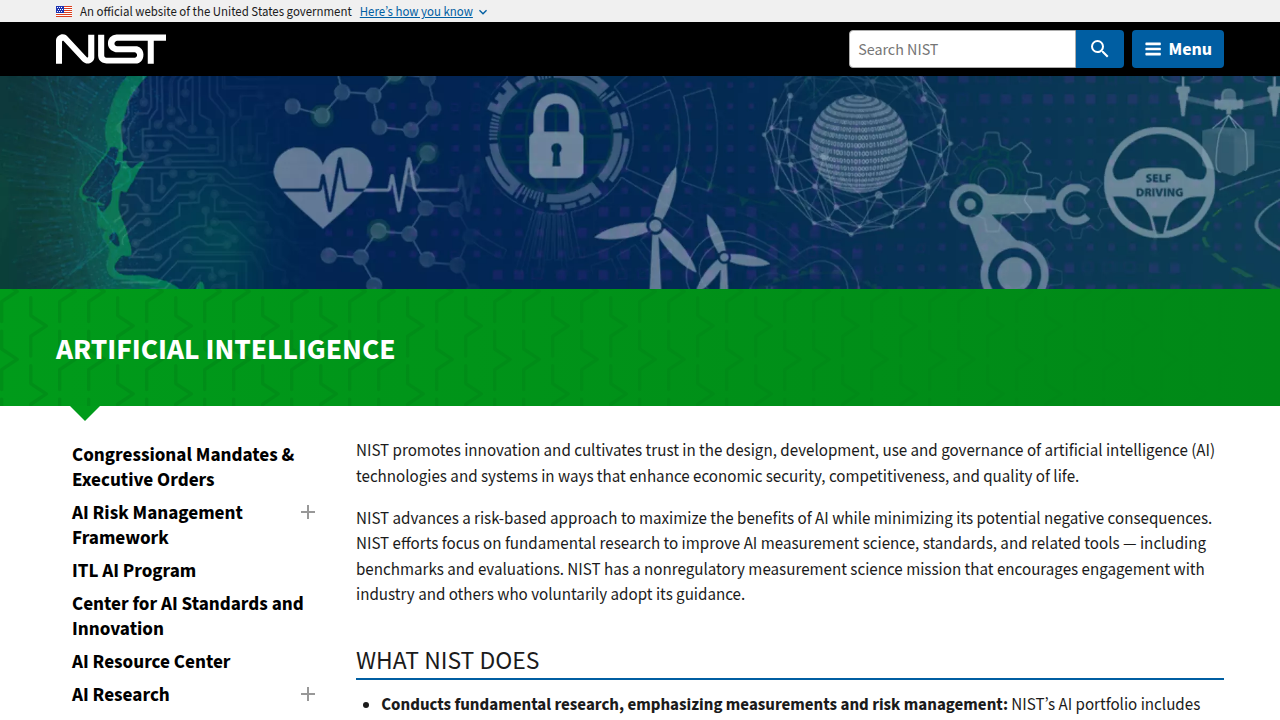 Screenshot of the official NIST website, featuring information on their trustworthy and responsible AI framework.