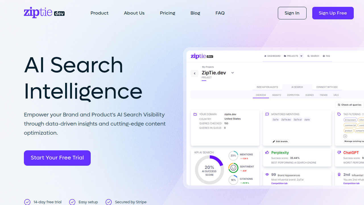 Screenshot of Ziptie.dev's homepage, a technical blog exploring AI and development insights.