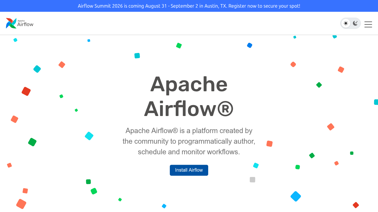 Apache Airflow's official website, showcasing a popular platform for programmatic authoring, scheduling, and monitoring workflows.