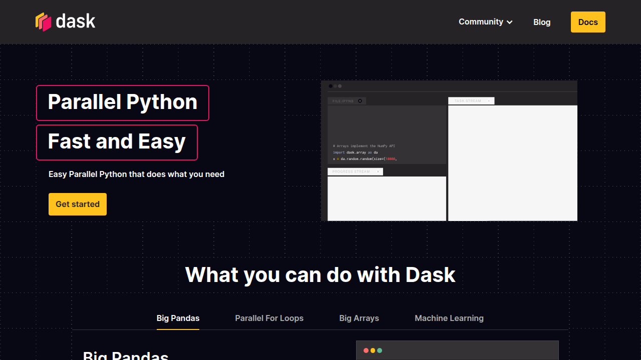 The Dask project website, illustrating its capabilities for scalable analytics in Python.