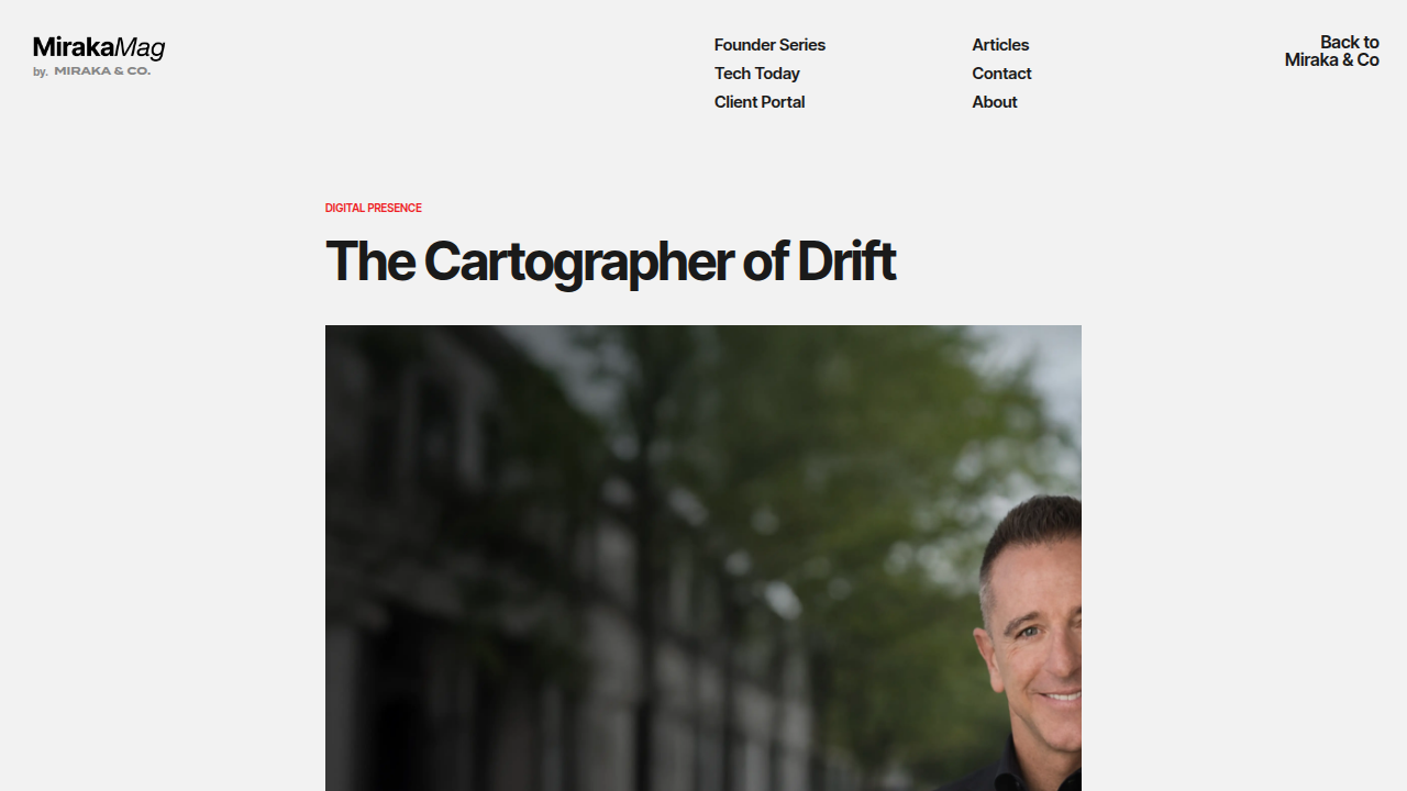 Screenshot of Miraka Magazine's profile on 'Cartographer of Drift', featuring Dean Grey's work on AI hallucinations.