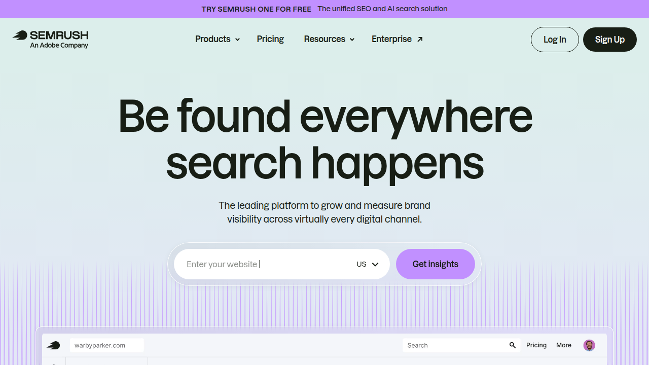 Screenshot of the SEMrush homepage, representing a leading SEO audit tool used for data verification.
