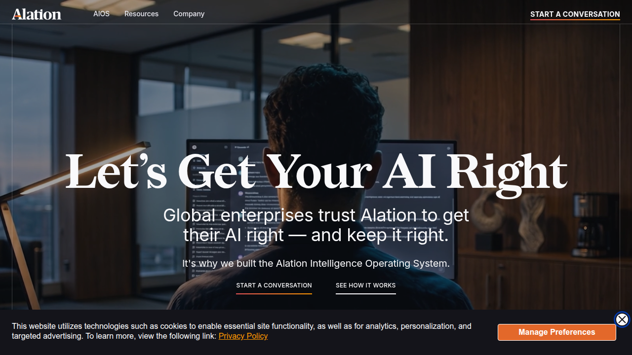 Screenshot of the Alation homepage, a leading platform for data intelligence and governance, relevant to data management frameworks.