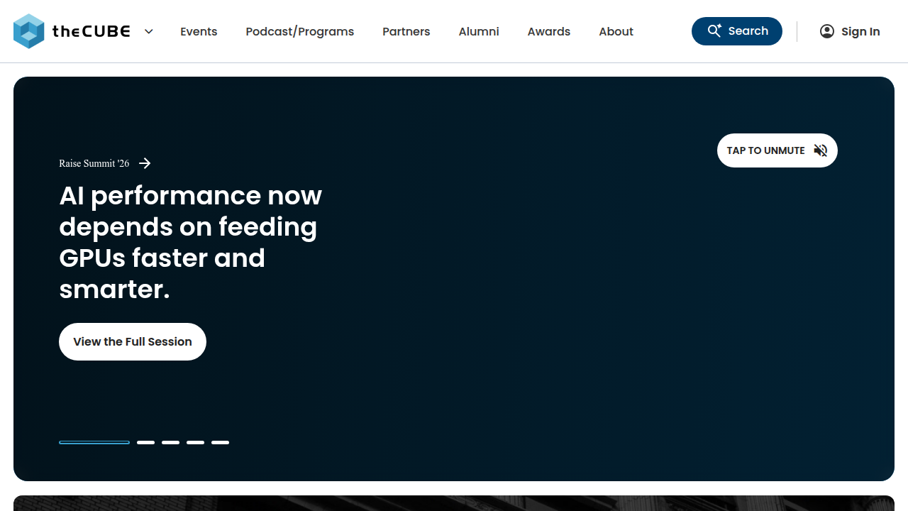 Screenshot of SiliconAngle's theCUBE homepage, a platform known for covering enterprise tech events and interviews, including AWS Summits.