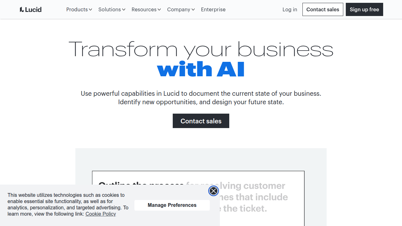A screenshot of the Lucid Software homepage, showcasing its range of tools that leverage AI for productivity and visual planning.