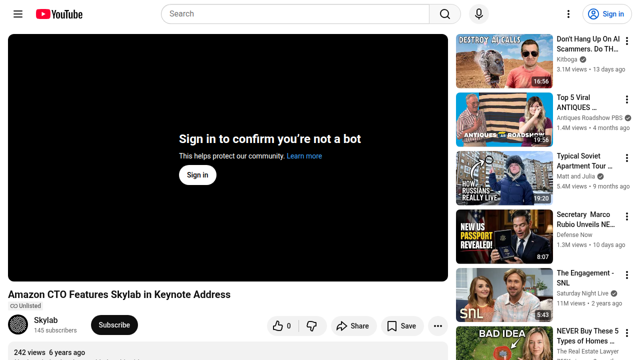 A YouTube video page featuring Werner Vogels, CTO of Amazon, discussing enterprise-scale deployment and cloud security.