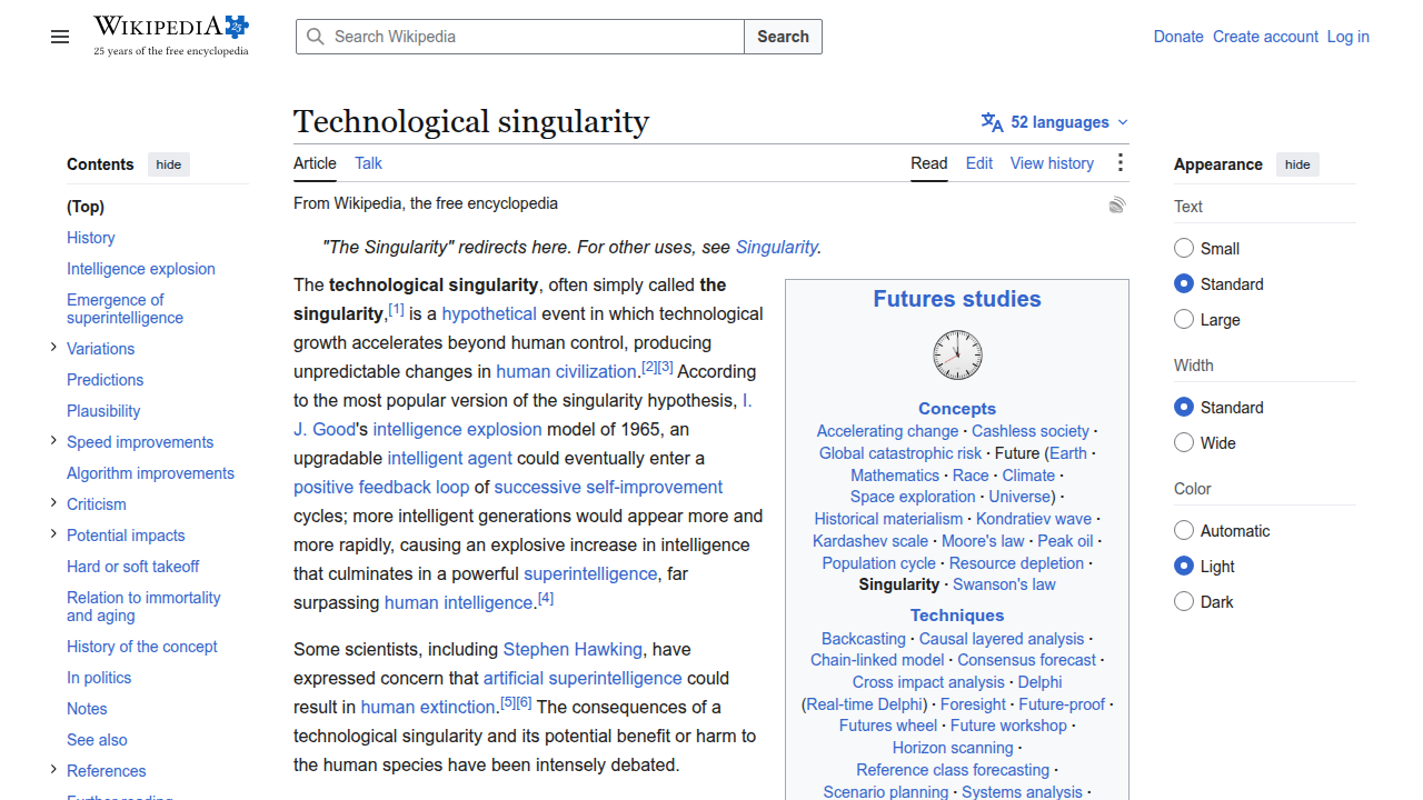 Explore the concept of the technological singularity on Wikipedia, a key idea in AI's future.