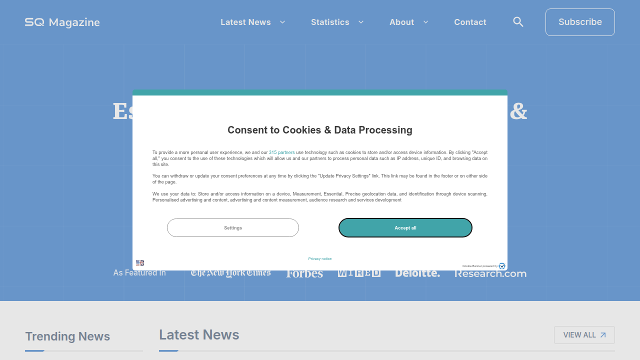 Screenshot of SQ Magazine's homepage, a source for AI statistics and industry insights.