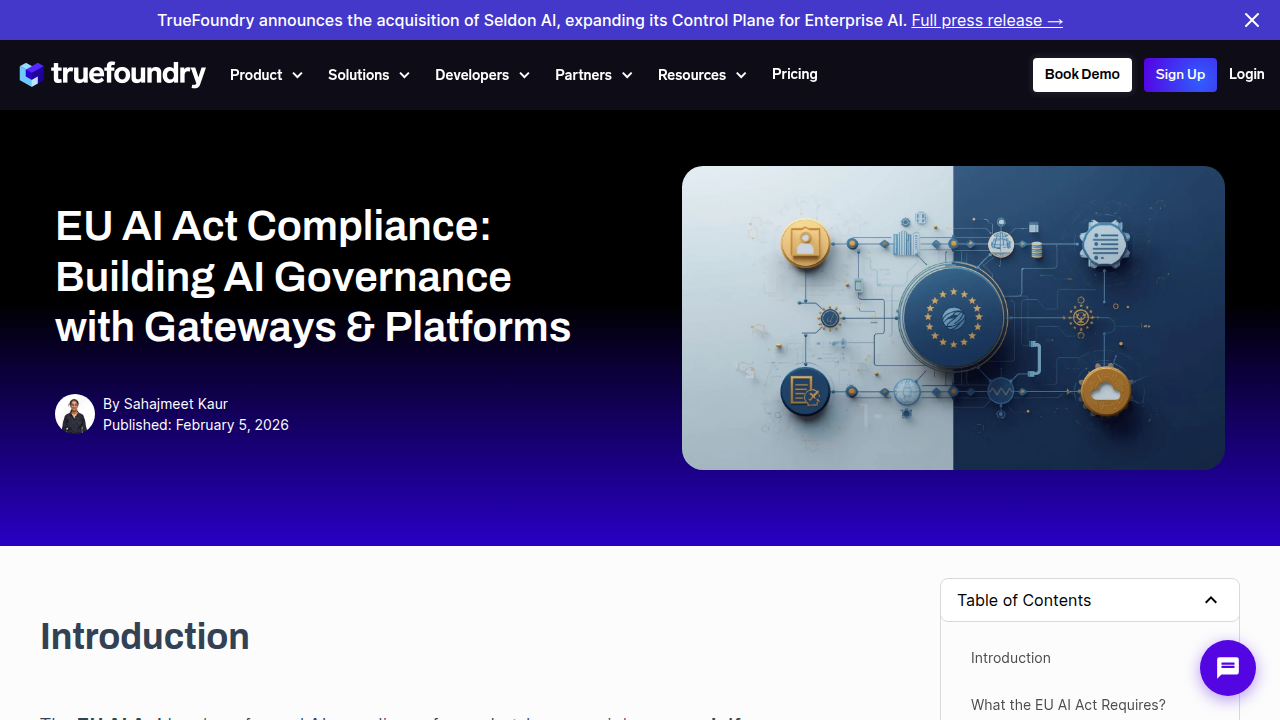 Screenshot of a TrueFoundry blog post about EU AI Act compliance using enterprise AI gateways.
